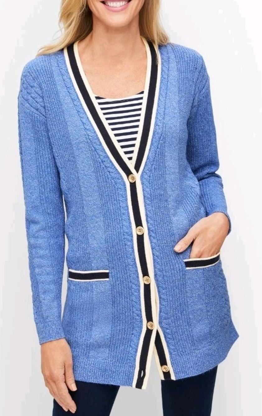 Talbots blue Cable Knit Cardigan Sweater Tipped Stripe Detail